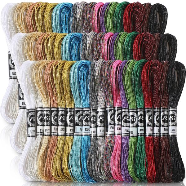 Coume 57 Skeins Metallic Embroidery Floss 499 Yards 19 Colors Embroidery Skein Threads Multicolor Glitter Embroidery Thread Cross Stitch Polyester Thread for Friendship Bracelets DIY Thread Crafts