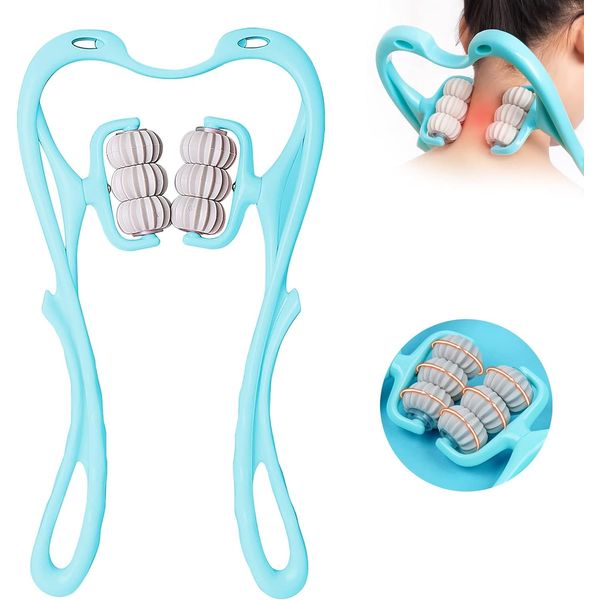 Manuellen Neck massage roller,6 Bälle Nackenmassagegerät,Dual pressure point massager neck,Das Shiatsu-Nackenmassagegerät massiert den Nacken tief,um Schmerzen zu lindern (Blau)