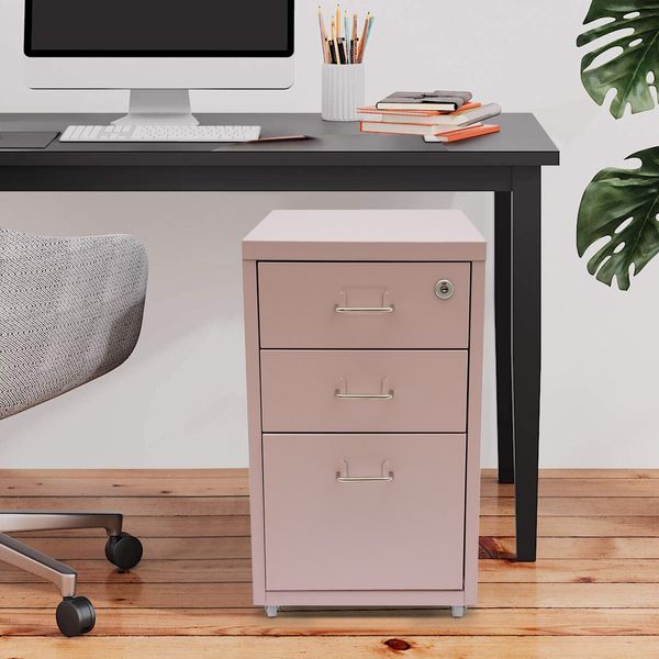 Vertical File Cabinet, Metal Mobile File Cabinet with Lock Pink Filing Cabinet