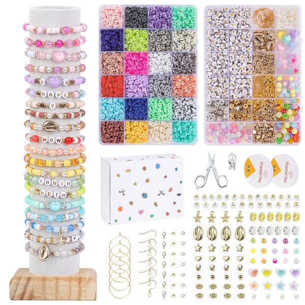 6000Pcs Clay Beads, 2 Boxes Bead Sets for Jewellery Making, 24 Colors Polymer Heishi Clay Beads Bracelet Making Kit for Bracelet Necklace Ring Earring DIY Art Craft Gifts for Girls Teens