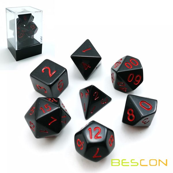 Bescon Polyhedral Dice Set Opaque Black with Red Numbers, Black RPG Dice Set of 7 d4 d6 d8 d10 d12 d20 d% Brick Box Pack