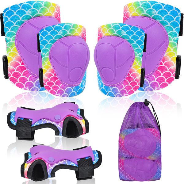 Knee Pads for Kids Adjustable Protective Gear Set with Mesh Bag Knee Pads and Elbow Pads Wrist Guard for Girls Kids Roller Skates Cycling Skateboard Scooter, 3-8 Years, Mermaid