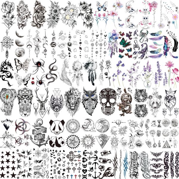 71 Blatt 3D Klein Temporäre Tattoos Damen Frauen Herren Kinder Hände Arm Finger, Blumen Lavendel Stern Feder Vögel Eule Fake Tattoos zum Aufkleben haut klebetattoos Erwachsene Anker Mond Kreuz Drache