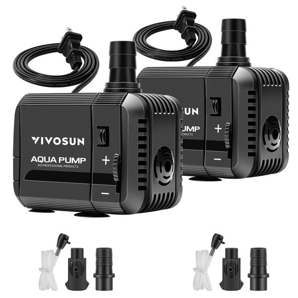 VIVOSUN 2-pack 210GPH Submersible Pump(800L/H, 8W), Ultra Quiet Water Pump with 3.3ft High Lift, Fountain Pump with 5ft Power Cord, 2 Nozzles for Fish Tank, Pond, Aquarium, Statuary, Hydroponics