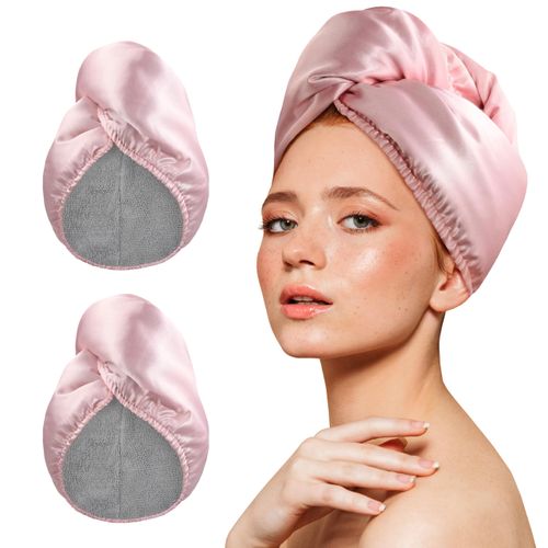 YoulerTex Microfiber Hair Towel Wrap Turban 2Pack Head Towels for Drying Women Curly Long Wet Plopping Hair Quick Rapid Dry Anti Frizz Absorbent Hair Towel After Shower (Pink/Silver-White)