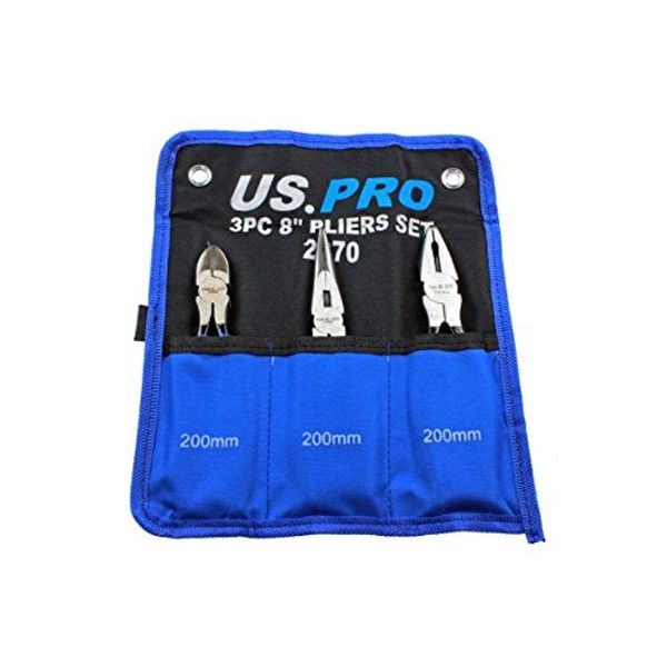US PRO 8" 200mm 3pc Plier Set, Side Cutter, Long Nose, Combination Pliers