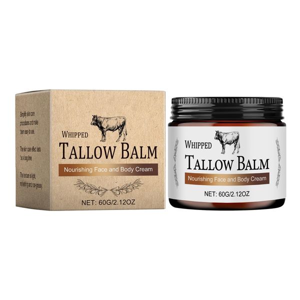 Whipped Tallow Balm for Skin and Face, Organic Grass-Fed Beef Tallow Moisturiser with Olive Oil, Nourishing Tallow Face Cream, 60g