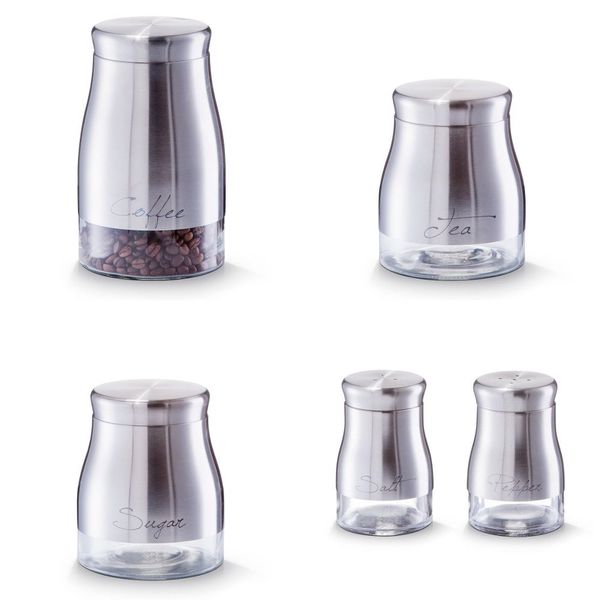 Vorratsdosen Zucker Kaffee Salz Pfeffer Streuer Tee Dose Behälter Edelstahl Glas (Komplettes Set)
