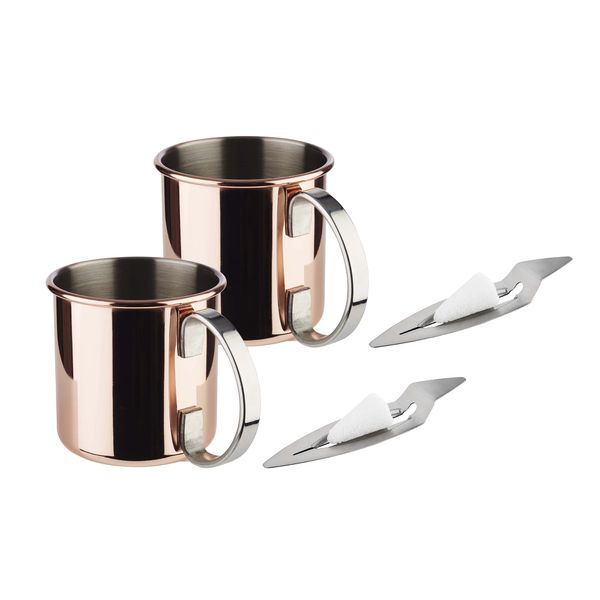 APS Mini Feuerzangenbowle Set, 2 Edelstahl Becher im Kupfer-Look, Punschgefäß, 2 Mini-Feuerzangen, Zuckerzange