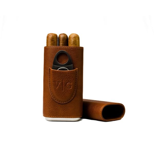 Luxury Brown Leather Cigar Case With Cutter