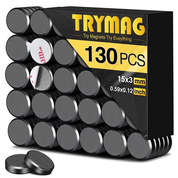 TRYMAG Small Ceramic Round Disc Magnets with Adhesive Backing - 0.6Inch, 130Pcs