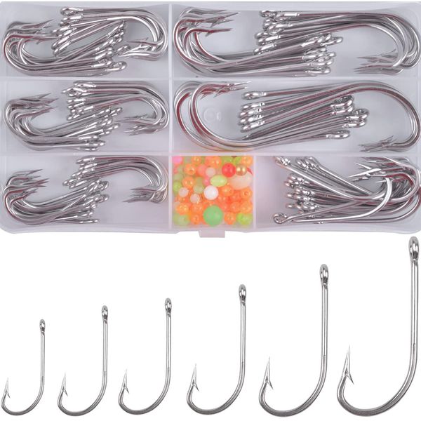 OROOTL Fishing Hooks Saltwater O'shaughnessy Forged Hooks, 130pcs Fishing J Hooks Trollling Hooks Stainless Steel Long Shank Hooks Extra Strong with Fishing Beads for Saltwater Freshwater Fishing