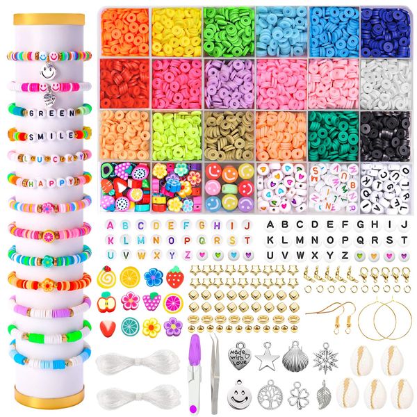 DIYDEC 2460 Pcs Clay Beads Kit, 18 Colors Flat Round Clay Beads Bracelet Making Kit, Heishi Clay Spacer Beads with Heart Letter Polymer Clay Beads for Jewelry Making Necklace Earring DIY Craft