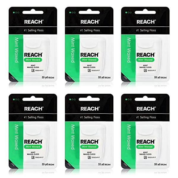 Reach Waxed Dental Floss for Plaque and Food Removal, Refreshing Mint Flavor, 55 Yards (Pack of 6)