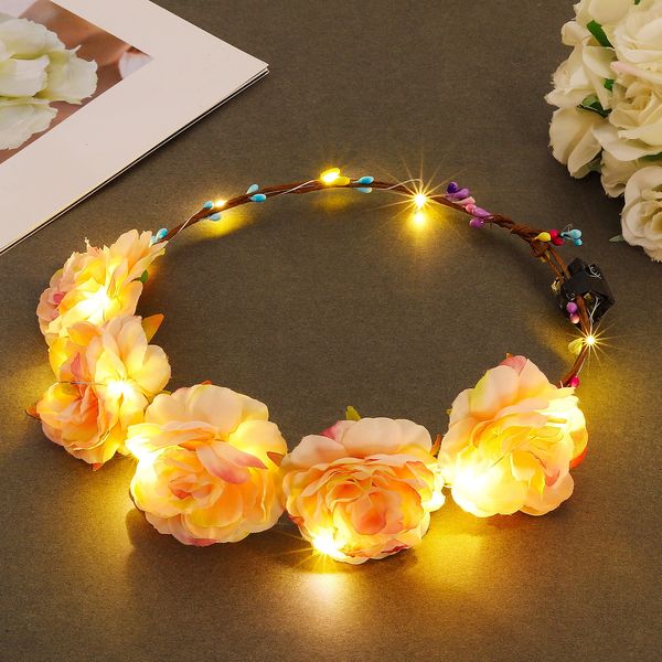 Fashband Flower Crown Headbands Light up Wreath Garland Headband Glow Hair Accessories Party Headdress for Women and Girls (Yellow)