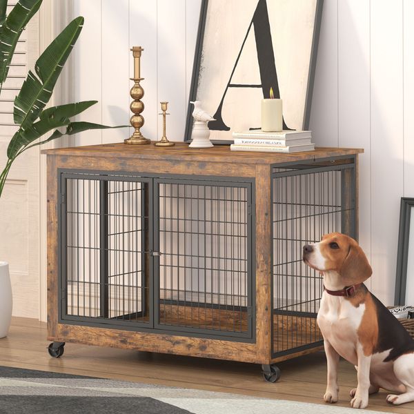 Dog Cage Crate Dog Kennel Indoor Double Doors Crate End Table Pet House Brown