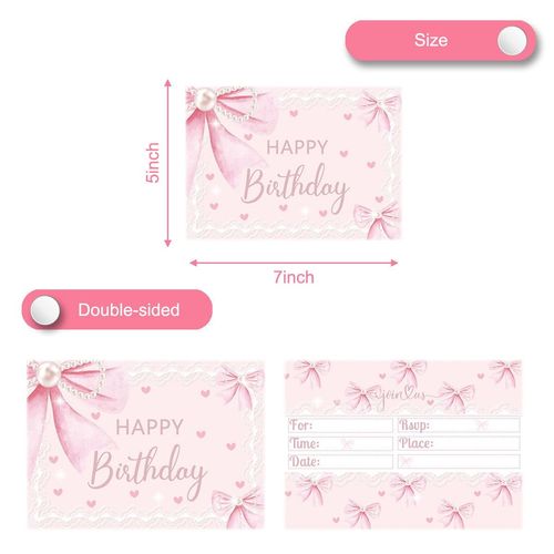 OUSHISS 24Pcs Pink Bow Birthday Party Invitation Cards, Pink Bow Coquette Birthday Party Supplies, Bow Kids Party Decoration Supplies