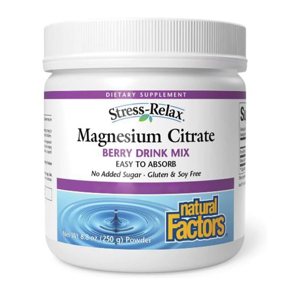 Natural Factors, Stress Relax Magnesium Citrate, 300mg, Berry Flavour, 250g vegan Powder, Lab-Tested, Vegetarian, Soy Free, Gluten Free, Non-GMO