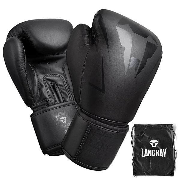 Boxing Gloves LangRay boxing gloves 3D Thick Cushion Kickboxing Sparring Karate Muay Thai Martial Arts Quality PU Leather Gym (12oz, Black)