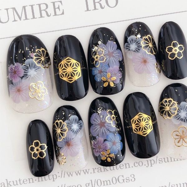 Nail Tips Coming of Age Ceremony Irouchikake Design Bridal Nails Cute For Kimono Nails and Japanese Clothes Nail Popular False Nails for Coming of Age Ceremony Nails and Furisode Furisode Wedding False Nails Gel Nails Black Belt Gold Mauve Flower Black