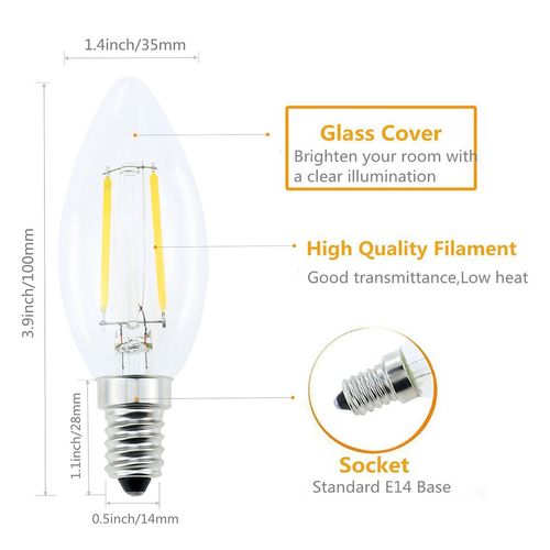 Lamsky E14 European Screw Base LED Filament C35 Shape Bullet Top,2W Warm White 2700K, 20-Watt Incandescent Equivalent, No-Dimmable (2-Pack)