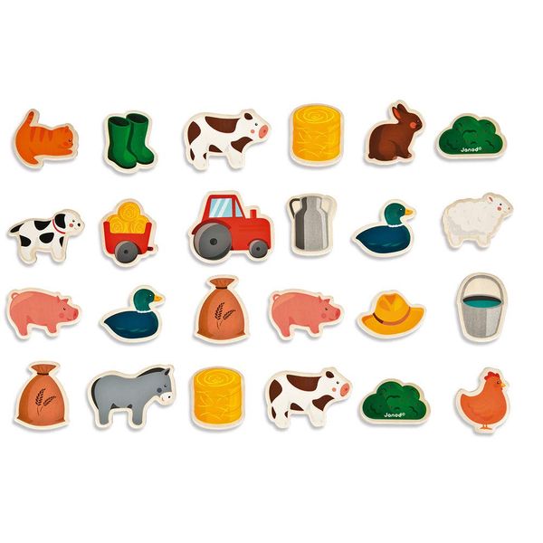 Janod - 24 Farm Magnets - Farm Animals - Wooden Toy - Magnetic Educational Game, to Handle, Experience and Have Fun - From 2 Years Old, J08157