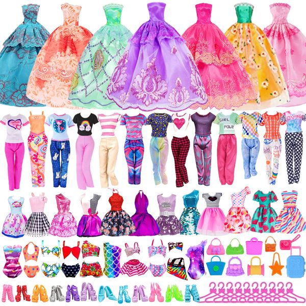 49pcs 11.5 inch Girl Doll Clothes and Accessories Set Include 3 Long Wedding Gown, 4 Tops, 4 Pants, 3 Bikinis, 5 Fashion Dresses, 10 Shoes, 10 Handbag, 10 Hangers (No Doll)