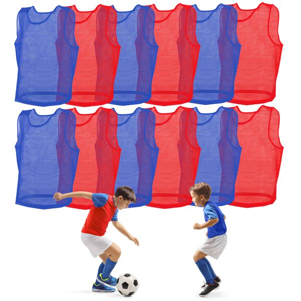 Get Out! Pinnies Youth Sizes Red and Blue - 12 Pack Nylon Mesh Jersey Scrimmage Vest - Sports Team Practice Pinny Set for Football, Soccer, or Basketball - Training Soccer Bibs Sport Jersey