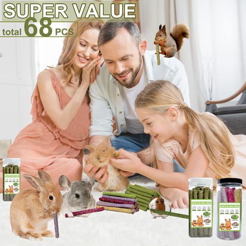 AKLHLKK 68PCS Rabbit Chew Toys, Natural Timothy Hay Sticks Guinea Pig Chews for Teeth Hamster Molar Treats Snacks Accessories for Bunny, Chinchillas, Rats, Gerbils and Other Small Animals