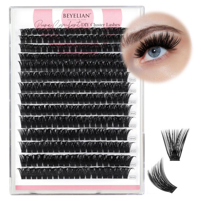 BEYELIAN Lashes Clusters D Curl 280pcs 9-16mm Cluster Lashes Dense Look DIY Eyelash Extensions Super Thin Band & Soft Lashes Reusable Mixed Tray Volume False Lashes (100D)