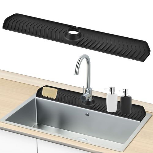 Kitchen Sink Silicone Splash Guard Mat,Silicone Draining Mat,Faucet Drain Mat,Sink Water Splash Guard as Soap Dish & Sponge Holder for Kitchen Counter Bathroom, 29.92" X 5.71",Black