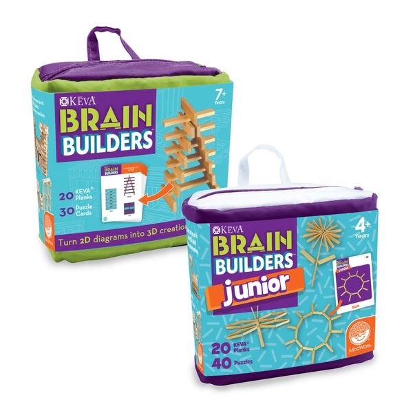 MindWare KEVA Brain Builders Set of 2: Original KEVA Brain Builders and KEVA Brain Builders Junior – Great Addition to STEM Building Toys and Classroom Games – 40 Planks & 70 Puzzles Total