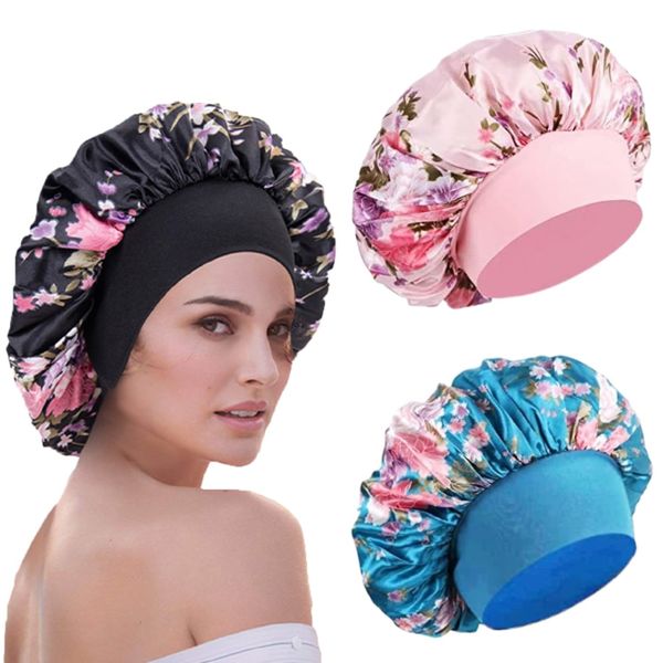 WUBAYI 3 Pcs Soft Satin Bonnet, Silk Bonnet Hair Wrap for Sleeping, Sleeping Hair Care Cap Bonnets, Night Sleeping Head Cover Sleeping Hat for Women and Girls Curly Hair (Pink,Black,Blue)