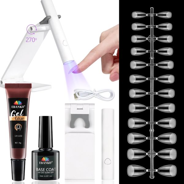 EBANKU Gel Extension Nail Kit, 3 in 1 Solid Nail Glue Gel Base Coat with UV MINI Lamps for Gel Nails Flash Curing & 120PCS Short Almond Nails for Home Salon Nail Extension