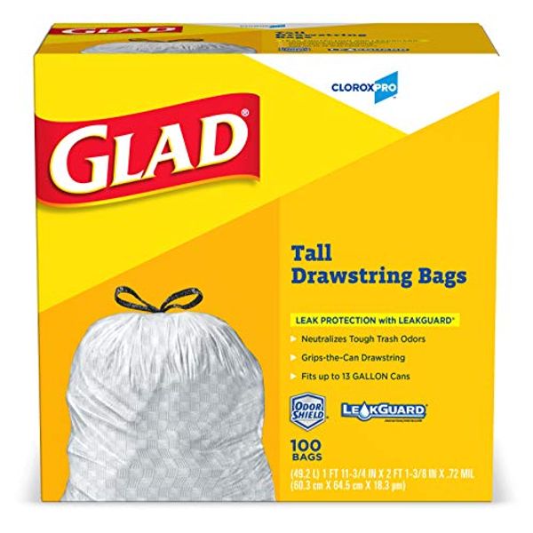 Glad ForceFlex Tall Kitchen Drawstring Trash Bags, Clorox 13 Gallon Trash Bags for Tall Trash Can, Industrial Cleaning, 100 Count (Packaging May Vary) - 78526