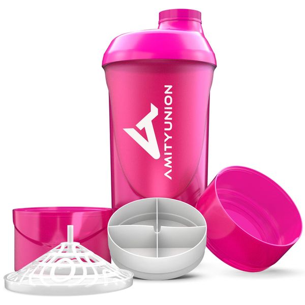 Frauen Protein Shaker 700 ml Set - ORIGINAL von AMITYUNION – Deluxe Eiweiss Shaker auslaufsicher - BPA frei mit Sieb und Skala für Cremige Whey Shakes, Gym Fitness Becher für Konzentrate in Pink Cup