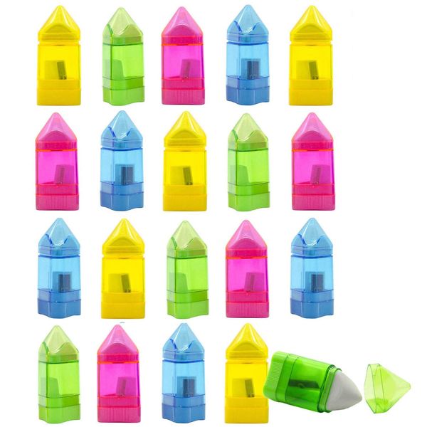 20 PCS Manual Pencil Sharpener with Eraser-2 in 1 Single Hole Triangular Shape Handheld Crayon Sharpener with Receptacle and Eraser for School, Office and Home Supplies