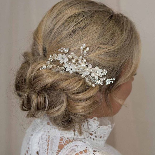 Bufenia Weiße Blume Braut Haarkämme Silber Perle Kristall Braut Haarteil Hochzeit Haarschmuck