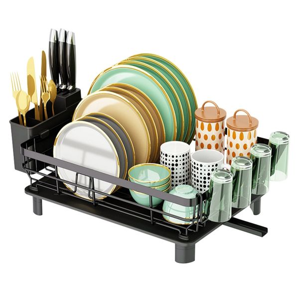 Kitchen Countertop Dish Drying Rack with Utensil Holder, Drain Board, and Storage Shelf - Black