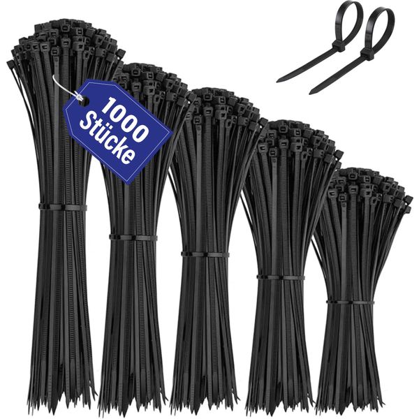 AZISHA Kabelbinder 1000 Stücke - Kabelbinder Schwarz 100/150/200/250/300mm - Nylon Kabelbinder UV Beständig - Kabelbinder Set - Cable Ties für Kabelmanagement, Werkstätten, Gartenarbeit Und Wohnen