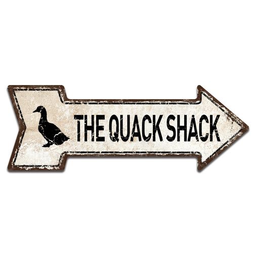 Mukuko Rustic Metal "The Quack Shack" Duck Signs - Outdoor Safe Arrow Tin Sign for Duck House, 6" x 18"