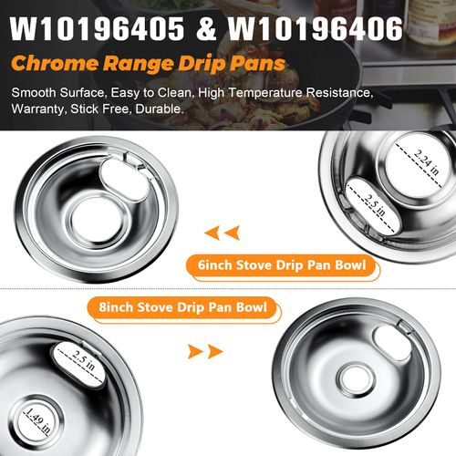 W10196405 W10196406 Chrome Drip Pans Kit by Blutoget -Compatible for Whirlpool Electric Range Burner -Replaces 0089285 0091813 0304979 0310228 -Includes an 8-Inch and 3 6-Inch Electric Stove Drip Pans