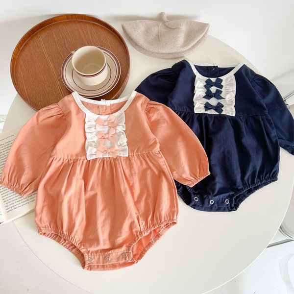 Baby Girl Lace Bow Decoration Solid Color Long Sleeves Bodysuit - 66 (3-6M) / Pink