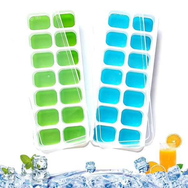 Ice Cube Trays, 2 Pcs Ice Cube Moulds with No-Spill Removable Lid, Easy-Release Silicone and Flexible 28 Ice Trays for Freezer, Whiskey, Cocktail and Drink