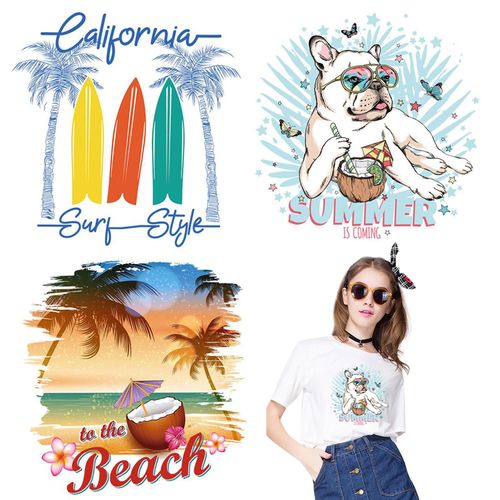 3 Pcs Summer Iron On Patches for Clothing Beach Iron on Transfers Casual Dog Coconut Palm Surfboard Letter Iron On Decals for Clothes T-Shirts Jeans Bags DIY Heat Transfer Patch Cartoon Decor
