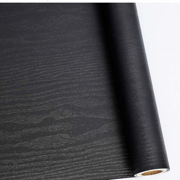 Abyssaly Black Vinyl Wrap Self Adhesive Wallpaper, Wood Effect Sticky Back Plastic Roll for Furniture, Removable Peel and Stick Wallpaper Decorative Furniture Kitchen 30cm X 200cm