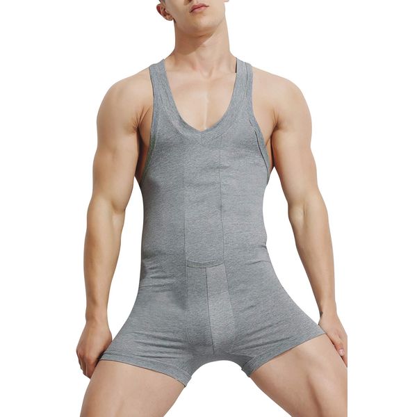 XuyIeY Men’s Wrestling Singlet Leotard Thong Bodysuit Jumpsuit Briefs Swimwear (Grey#, UK S (Waist:27.6"/70cm-28.4"/72cm))