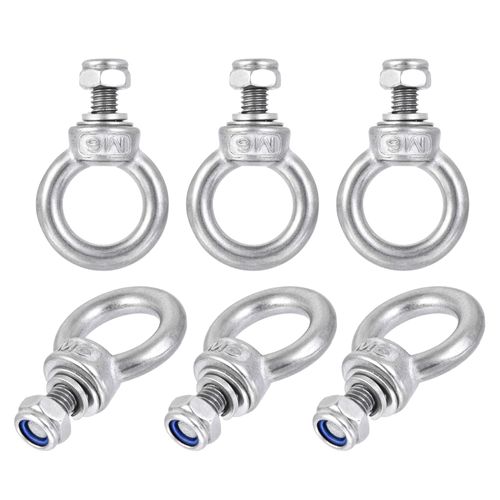 uxcell Lifting Eye Bolt M6 x 12mm Male Thread with Hex Screw Nut Gasket Flat Washer for Hanging Securing Chain Wire Rope, 304 Stainless Steel, 6 Sets