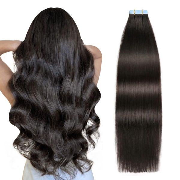 SUYYA Tape Extensions Echthaar,Invisible Tape in Extensions Echthaar Seidig Gerade Remy Tape Haarverlängerungen Echte Menschliches Haar 18 Zoll 45cm 20 Stück 50G #1B Natürliches Schwarz