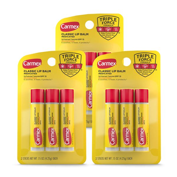 Carmex Classic Medicated Lip Balm Sticks, Lip Moisturizer for Chapped Lips, 9 Count (3 Packs of 3)